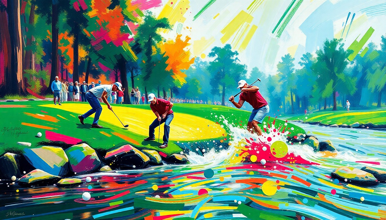 An abstract, energetic painting in neon colors depicting the movement and drama of golfers navigating the Rae's Creek water hazard at the Masters Tournament.