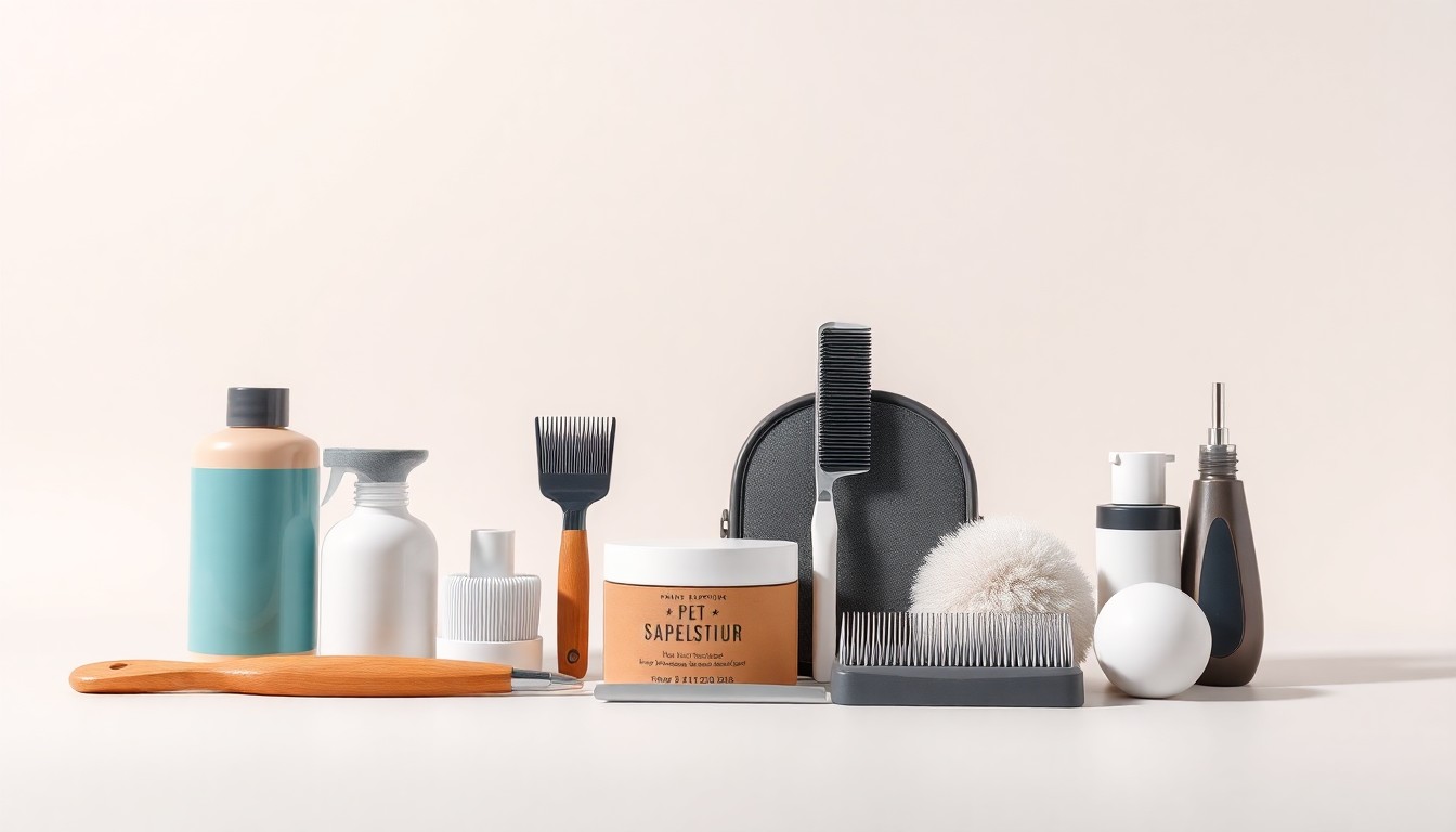 A high-end studio still life photograph featuring a collection of polished pet grooming tools, accessories, and products arranged elegantly on a clean, monochromatic background, conceptually representing the convenience and quality of the new Pet Supplies Plus store's offerings.