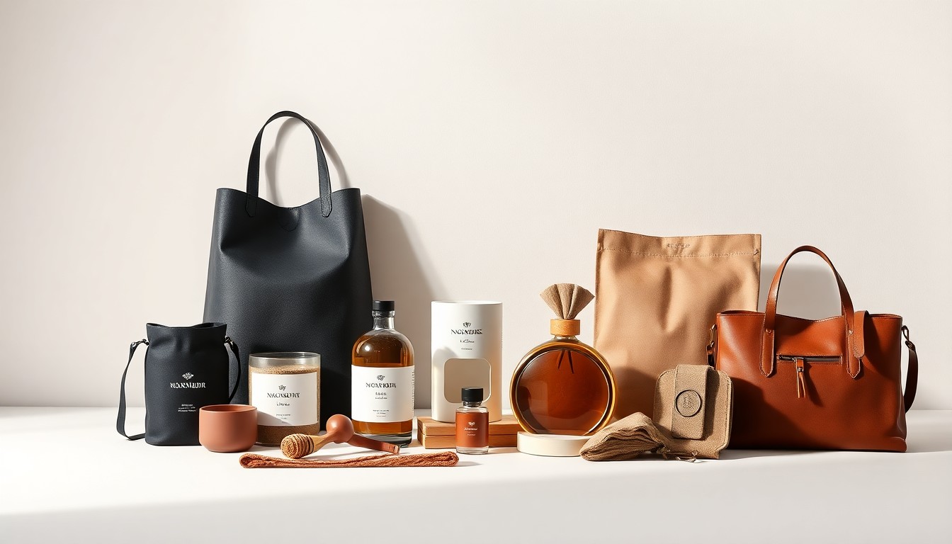 A high-end studio still life photograph featuring a selection of premium lifestyle products and accessories, such as ceramic mugs, artisanal candles, and handcrafted jewelry, arranged elegantly on a clean, monochromatic background to convey a sense of sophistication and craftsmanship.