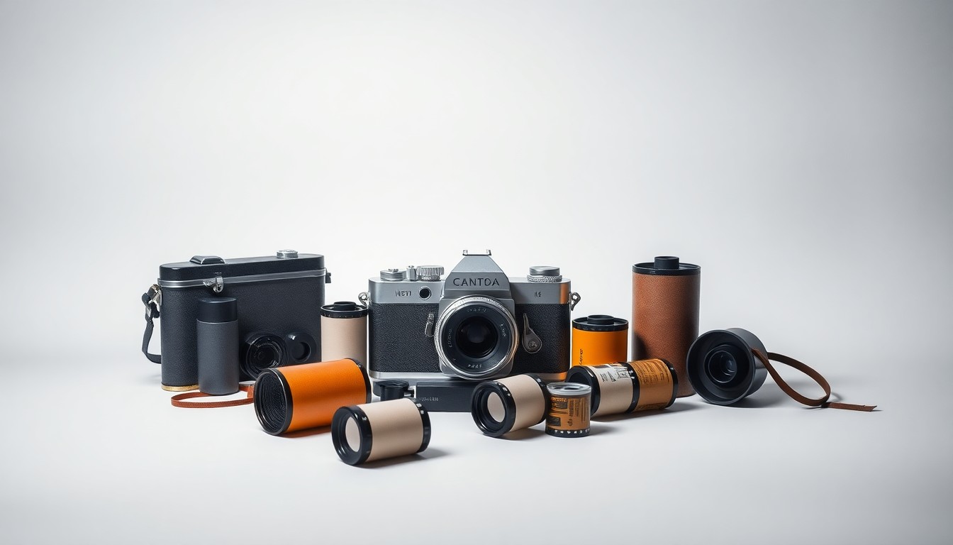 A high-end, photorealistic studio still-life photograph featuring a vintage camera, film rolls, and other photography equipment arranged elegantly on a clean, monochromatic seamless background, conceptually representing the legacy of the Thompson Photo Products business.