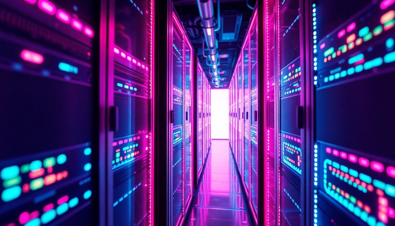 A highly detailed, glowing 3D illustration of a futuristic data center server rack, with intricate components and cables illuminated by vibrant neon lights, conceptually representing Irving's role in the digital infrastructure powering the modern economy.