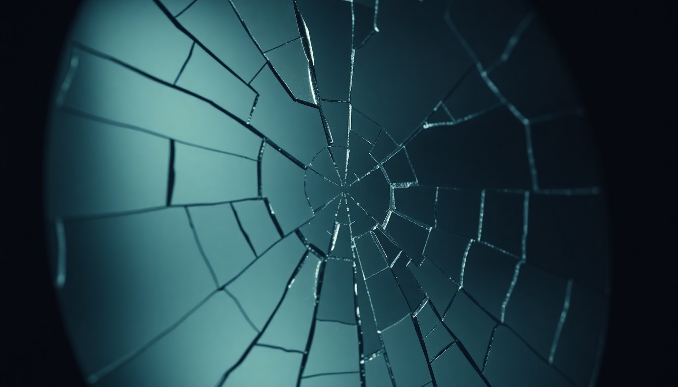 An extreme close-up of a cracked, shattered mirror reflecting a dim, moody light, conceptually representing the fragility of mental health and the journey to overcome personal struggles.