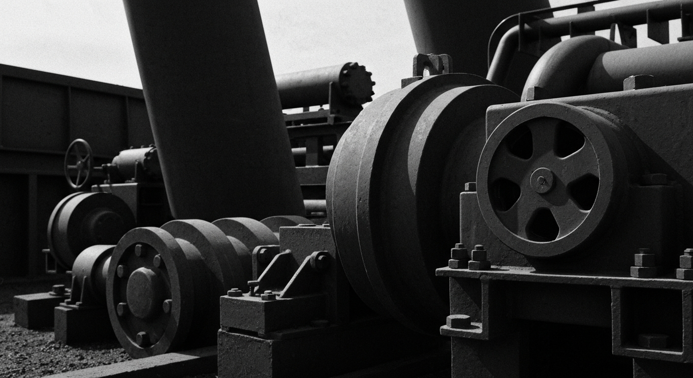 A high-contrast, cinematic close-up of heavy, industrial machinery and equipment used in the production and distribution of renewable energy technologies, representing the tangible, physical assets that underpin T1 Energy's business.