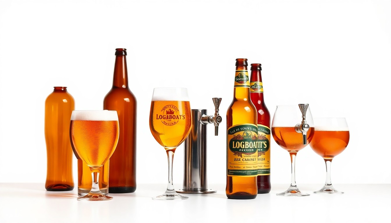 A high-end, photorealistic studio still-life photograph featuring an arrangement of polished, geometric beer glasses, bottles, and taps in warm amber and copper tones, set against a clean white background with dramatic lighting and deep shadows.