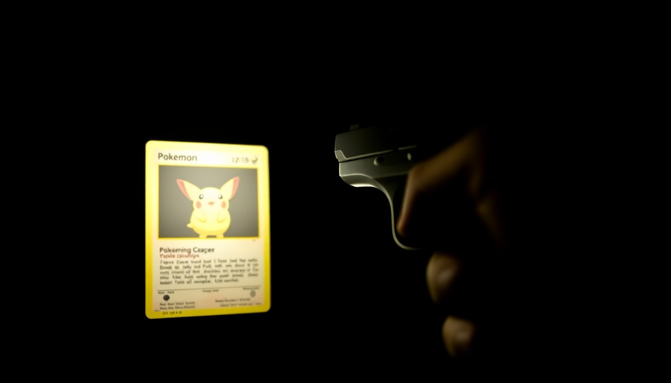 An extreme close-up photograph of a Pokémon trading card with a handgun pointed at it, creating a stark, gritty, investigative aesthetic.