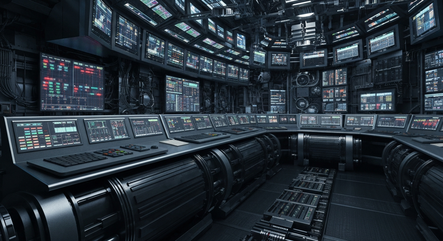 A cinematic close-up of the intricate machinery and displays of a high-tech trading console, conveying the complex financial infrastructure behind prediction markets without using any text or identifiable elements.