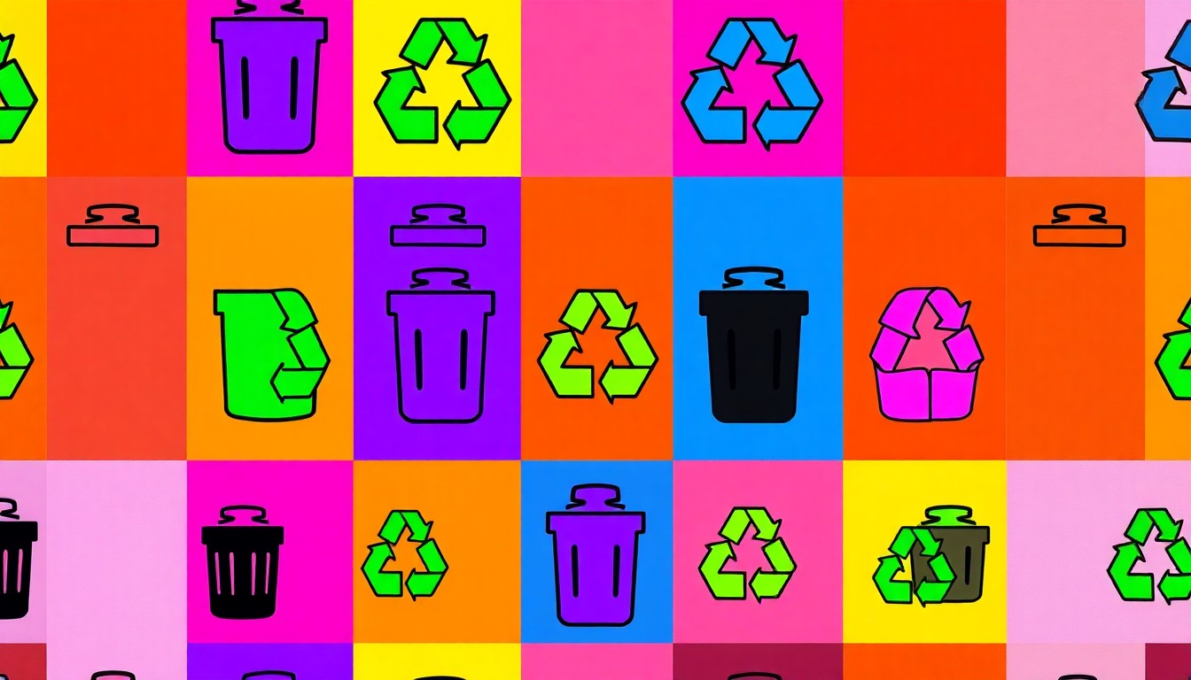 A vibrant, silkscreen-style illustration featuring a repeated icon of a recycling bin in a grid pattern, using a neon color palette and heavy black outlines to create a modern, eye-catching pop art representation of the recycling debate in Twin Falls.