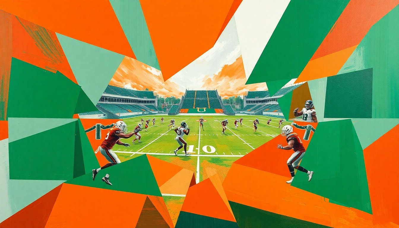 A cubist, geometric painting depicting a Miami Hurricanes football practice, with the action broken down into overlapping planes of vibrant orange, green, and white colors.