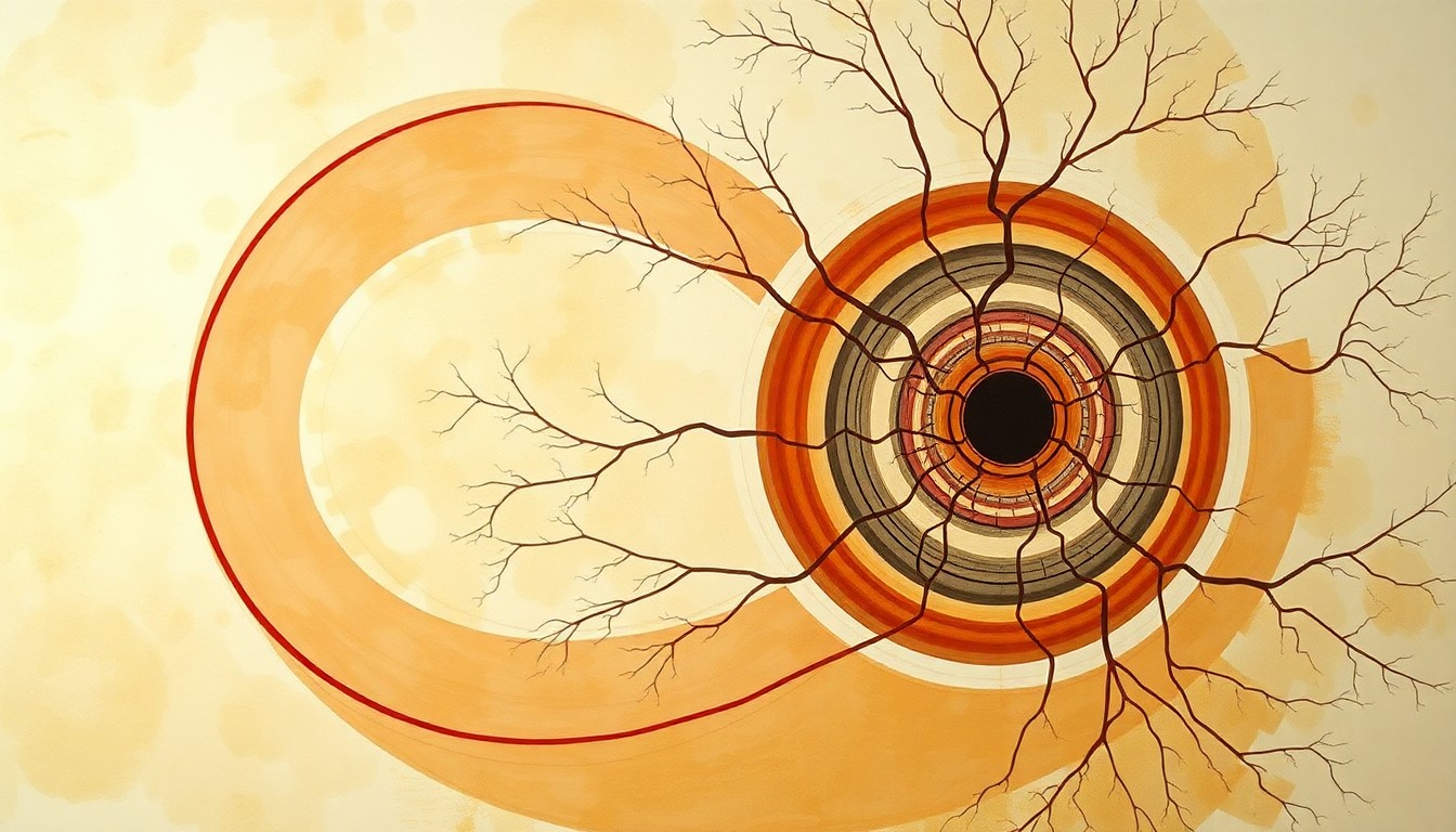 A bold, abstract painting in soft greens, browns, and blues, featuring sweeping geometric shapes and precise botanical spirals, conceptually representing the complex biological processes involved in nerve repair and blood vessel formation.