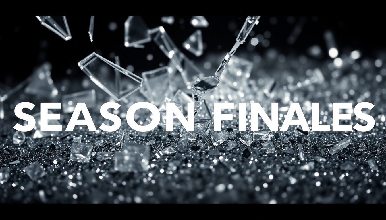 An extreme close-up photograph of shattered glass and glittering sequins, capturing the glamour and high-stakes energy of the upcoming CBS season finales.