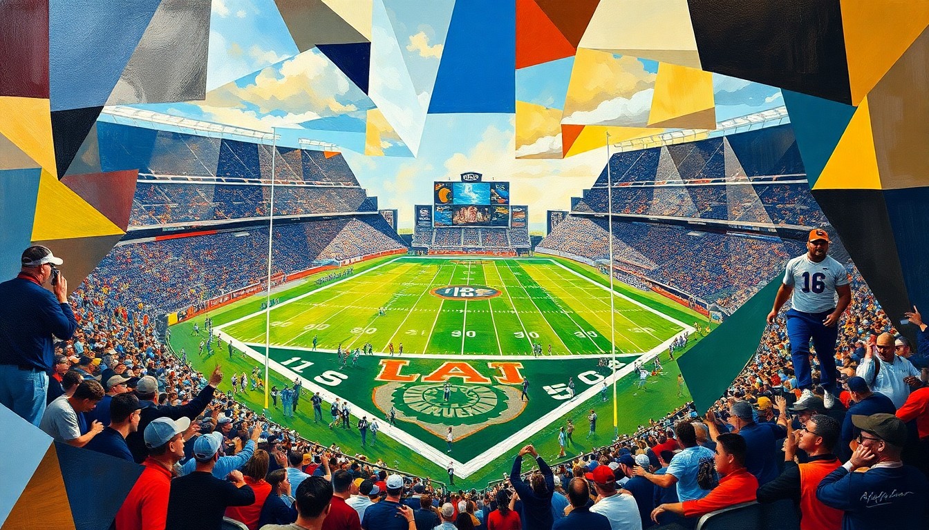 A fractured, geometric painting depicting a college football championship game, with the players, field, and stadium broken down into sharp, overlapping planes of color, capturing the raw energy and drama of the event.