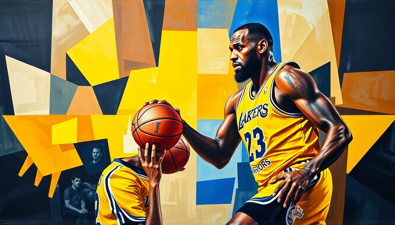 A fractured, cubist-style painting depicting the moment of a basketball assist between two players, their figures and the ball broken down into sharp, overlapping geometric shapes and planes in a vibrant color palette, capturing the raw energy and movement of the game.