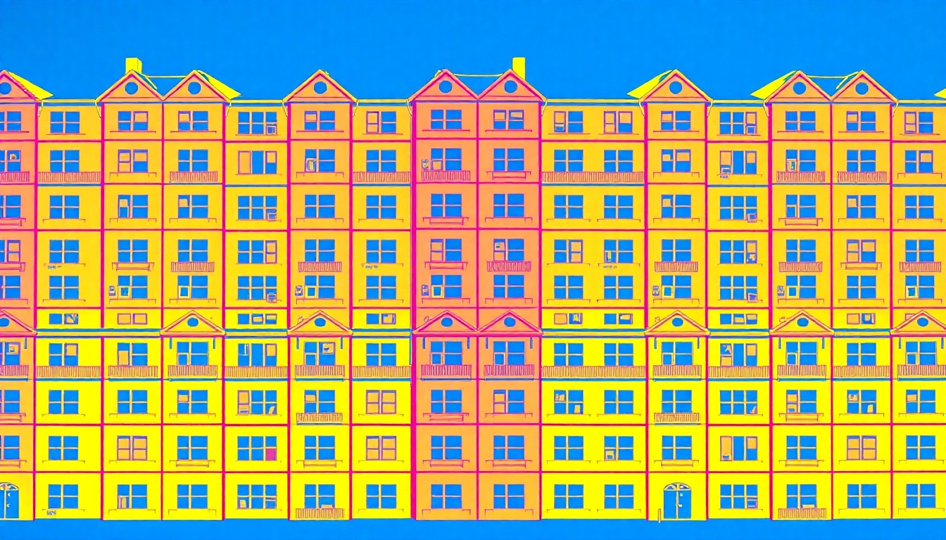 A highly stylized, abstract illustration of a modern high-rise university dorm building, rendered in a bold, neon color palette of electric blue, hot pink, and highlighter yellow, repeated in a tight grid pattern to create a vibrant, pop art-inspired visual metaphor for the university's housing expansion plans.
