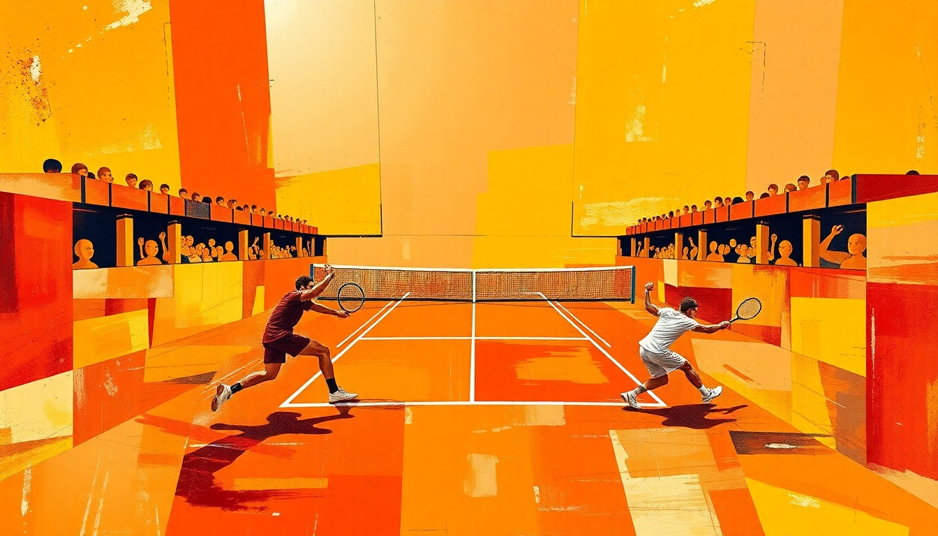 A cubist, geometric painting depicting the intense clay-court battle between Carlos Alcaraz and Tomas Martin Etcheverry, with sharp, overlapping planes of vibrant red, orange, and yellow hues capturing the energy and dynamism of the match.