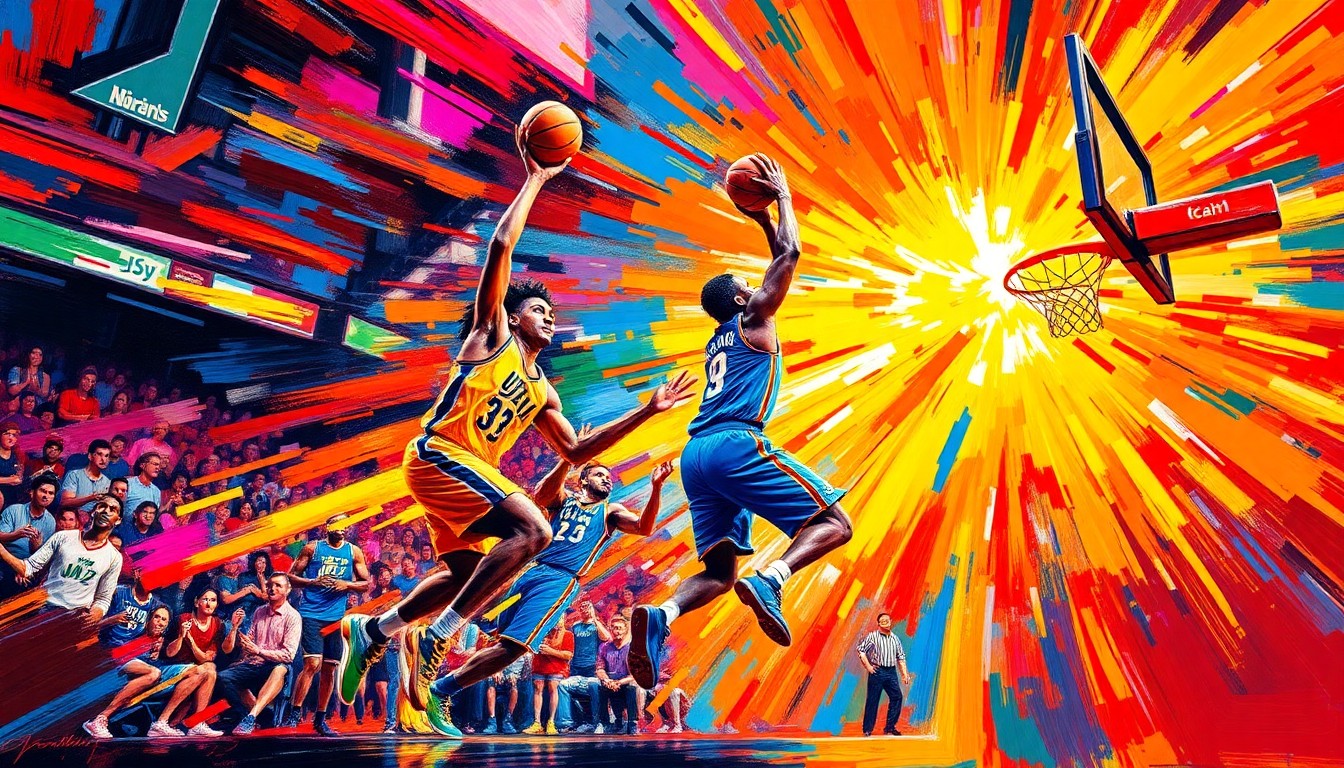An abstract, energetic painting with bold, neon-colored brushstrokes capturing the dynamic movement and intensity of a high-scoring NBA basketball game.