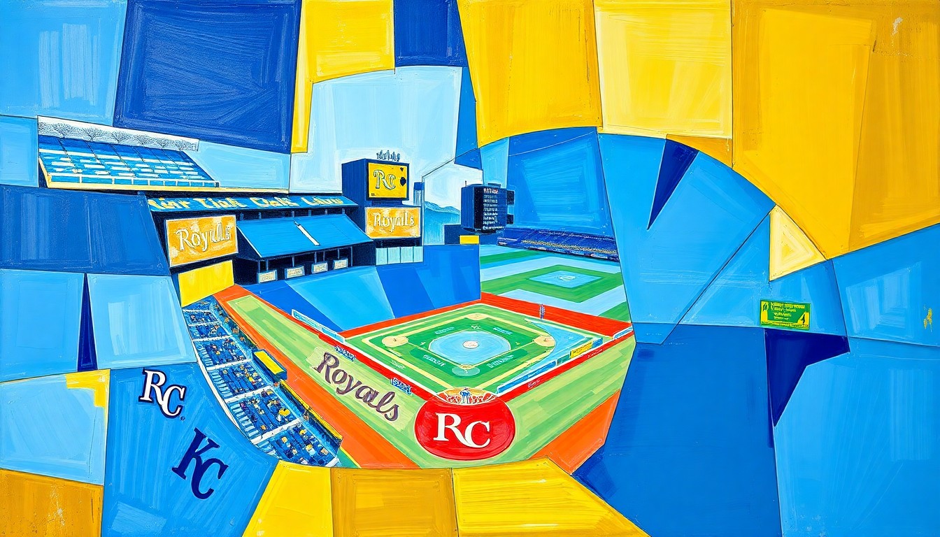 A cubist, geometric painting depicting a Royals baseball game or training session, with sharp, overlapping planes of vibrant royal blue, powder blue, and gold colors, capturing the energy and potential of the team's new developments.