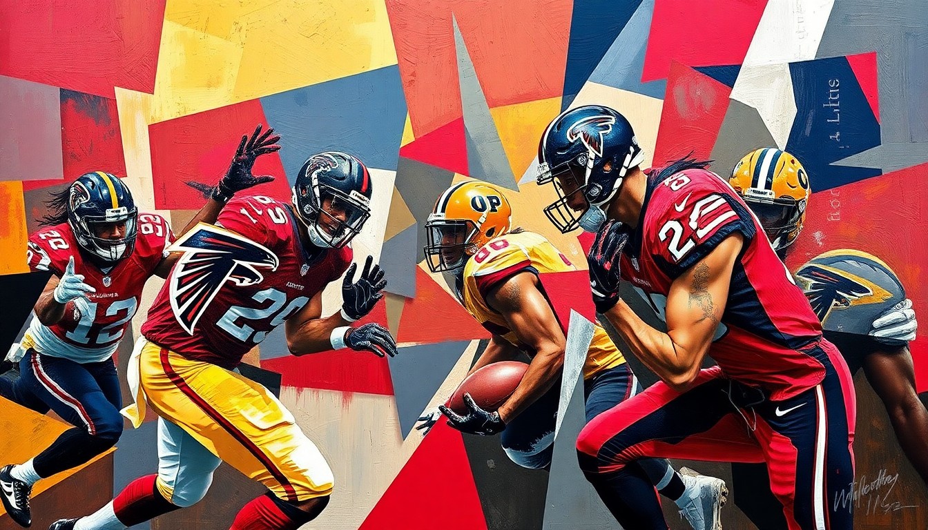 A cubist, geometric painting depicting an abstracted football game, with players' forms broken down into overlapping angular shapes in a palette of deep red, navy blue, and gold.