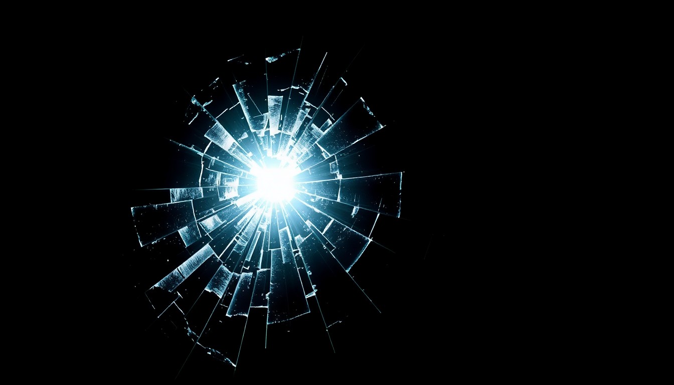 An extreme close-up photograph of shattered glass, capturing the stark, gritty aftermath of a violent incident and the need for change.