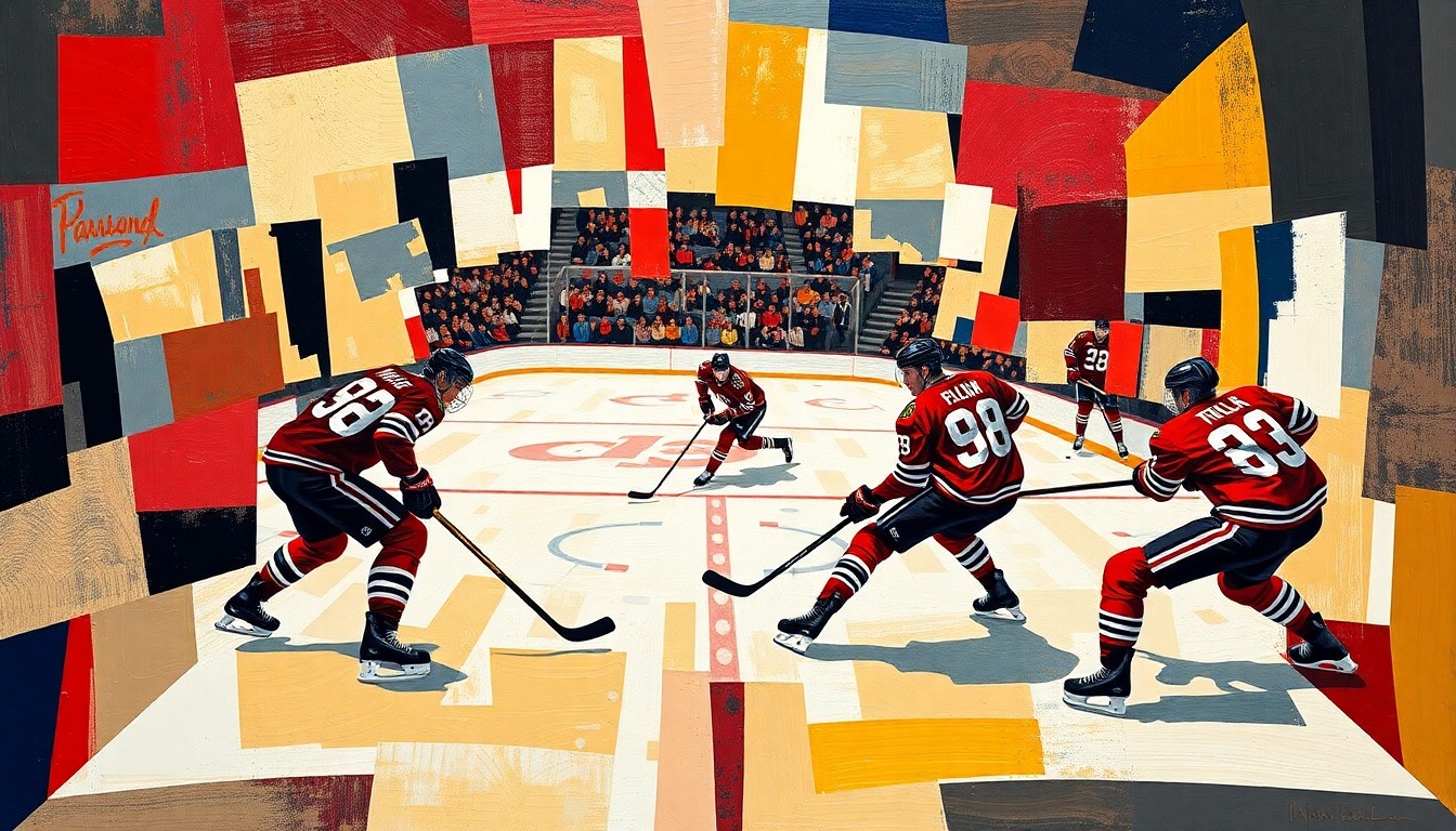 A cubist, geometric painting depicting a hockey player in motion, with sharp, overlapping planes of color representing the Blackhawks' jersey hues.