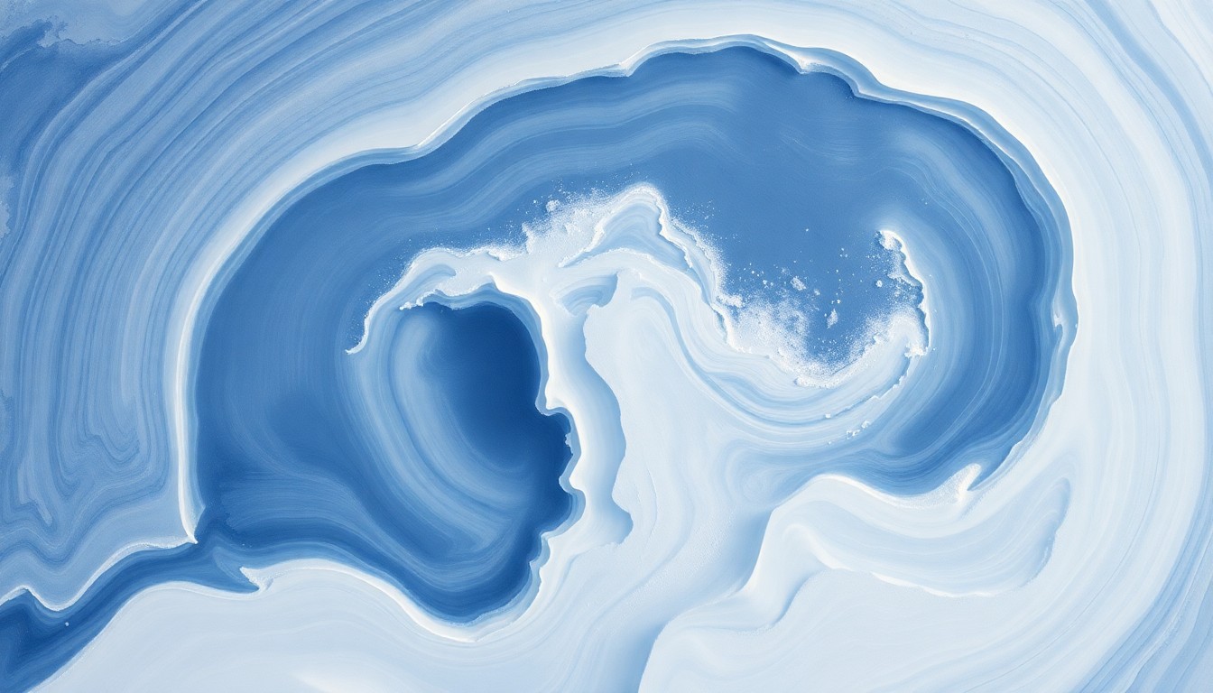 An abstract, highly structured painting in soft shades of blue, white, and grey, depicting sweeping geometric arcs, concentric circles, and precise spirals that conceptually represent the colossal 'snowman' formation observed by NASA's Landsat 8 satellite along the frozen coastline of Siberia's Chukchi Peninsula.
