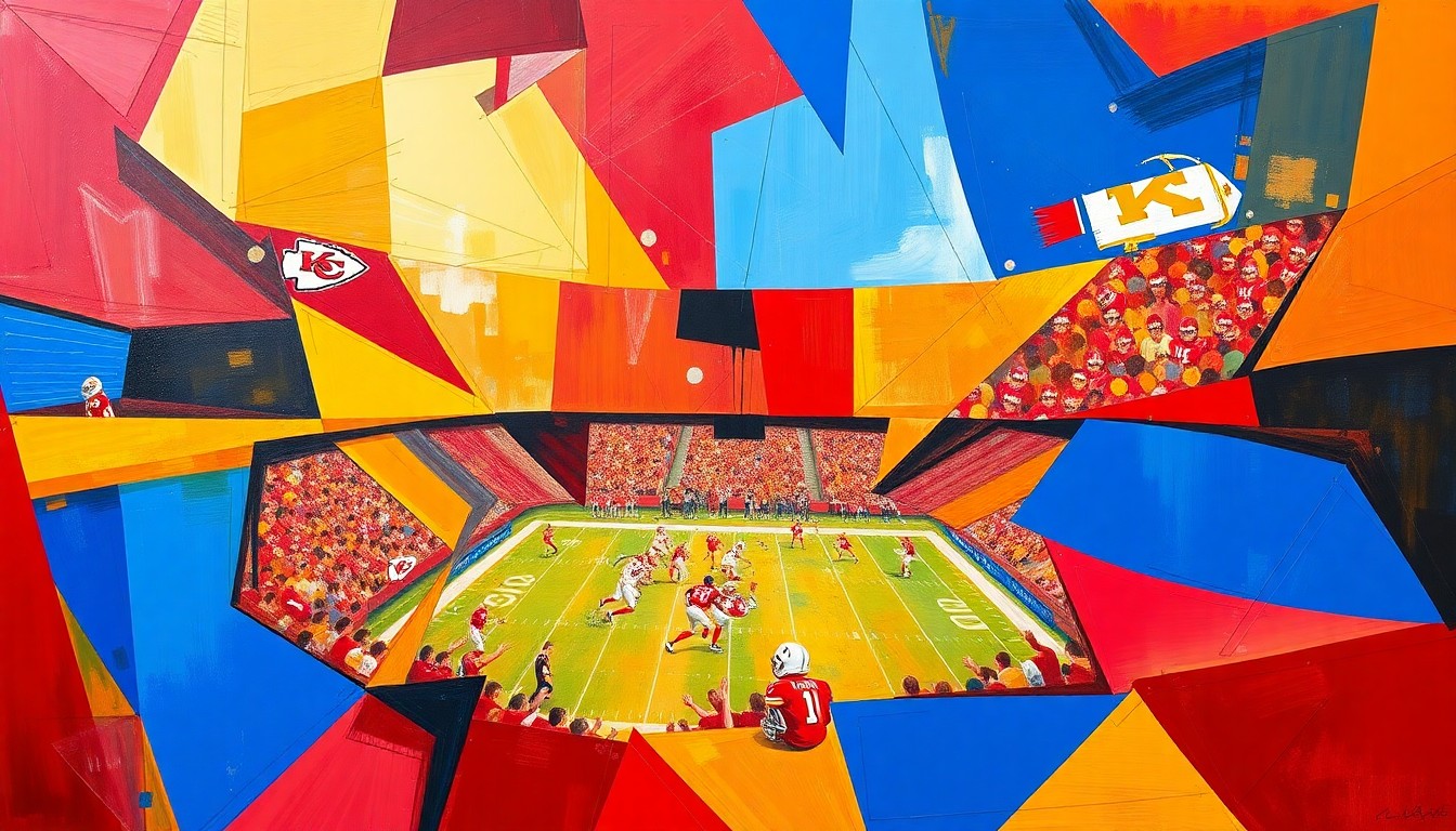 A fractured, cubist-style painting depicting a Kansas City Chiefs football game, with sharp geometric shapes in vibrant red, gold, and blue colors, capturing the dynamic energy of the sport.