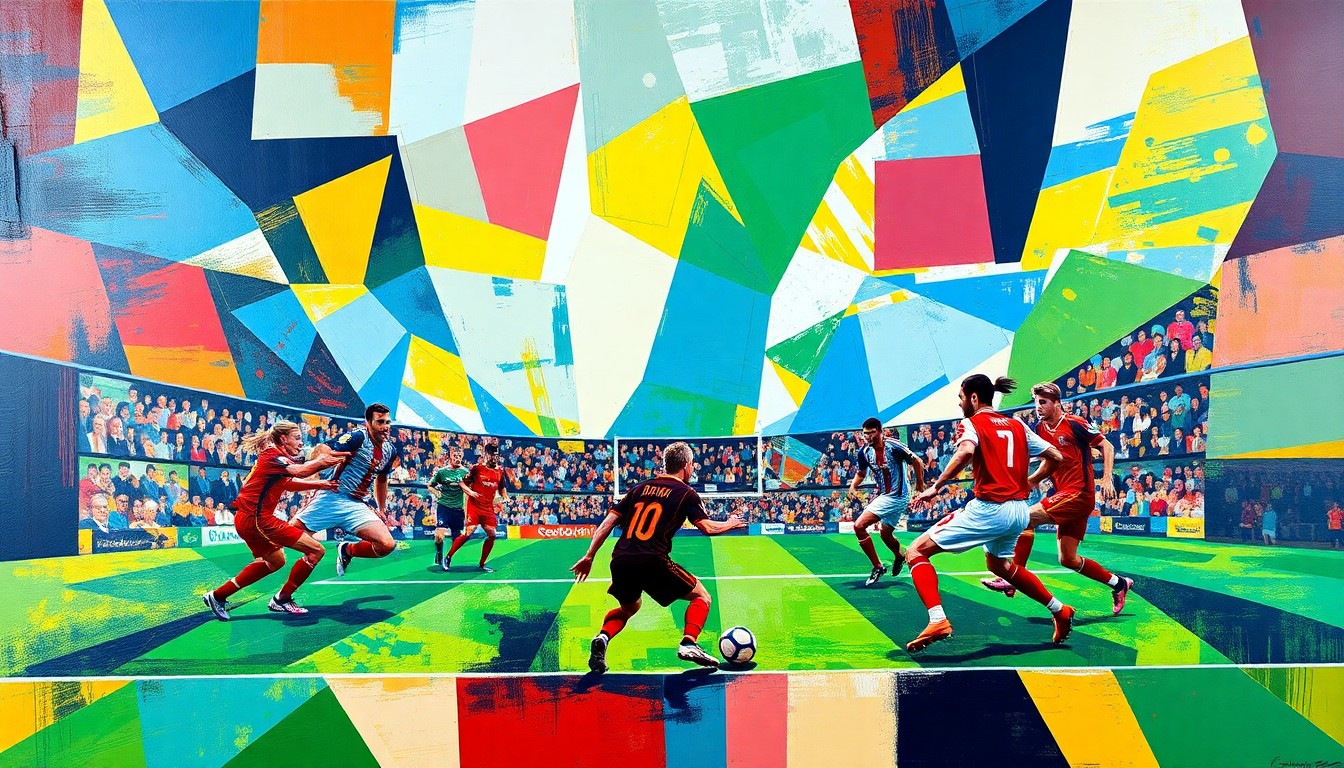 A fractured, multi-perspective painting in bold, angular shapes and vibrant colors, capturing the raw energy and passion of an English Football League match.