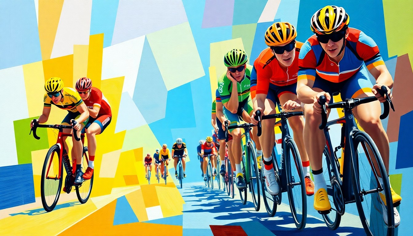 A cubist-style painting depicting a cycling race, with overlapping geometric shapes and planes in vibrant colors representing the energy and movement of the competition.