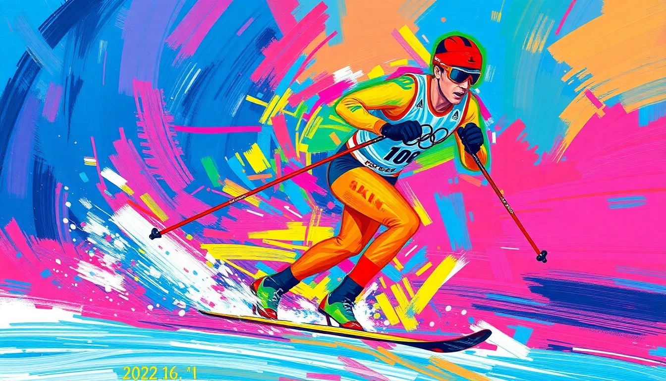 An abstract, energetic painting in neon colors depicting the dynamic motion and raw power of a cross-country skier, capturing the essence of Johannes Høsflot Klæbo's record-breaking 6-gold medal achievement at the 2022 Winter Olympics.