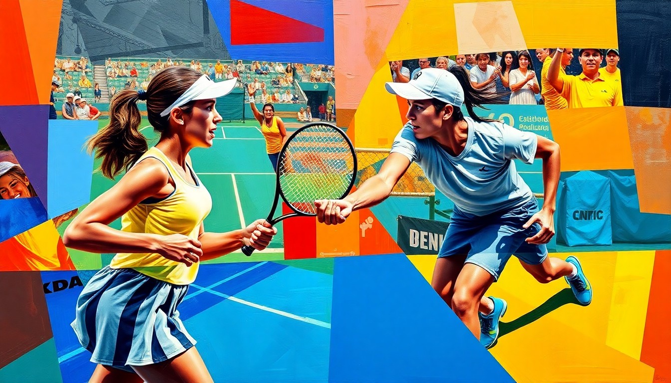 A cubist, geometric painting depicting a tennis match in motion, with the players and court fragmented into overlapping planes of vibrant colors, capturing the dynamic energy of the sport.