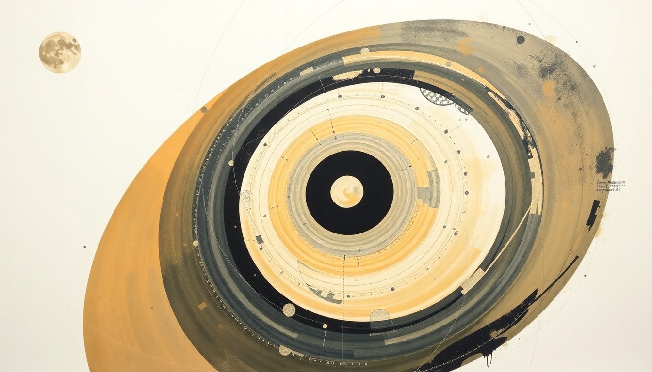 A highly structured abstract painting in soft, earthy tones, featuring sweeping geometric arcs, concentric planetary circles, and precise botanical spirals, conceptually representing the complex forces and concepts behind the Artemis II mission to the moon.