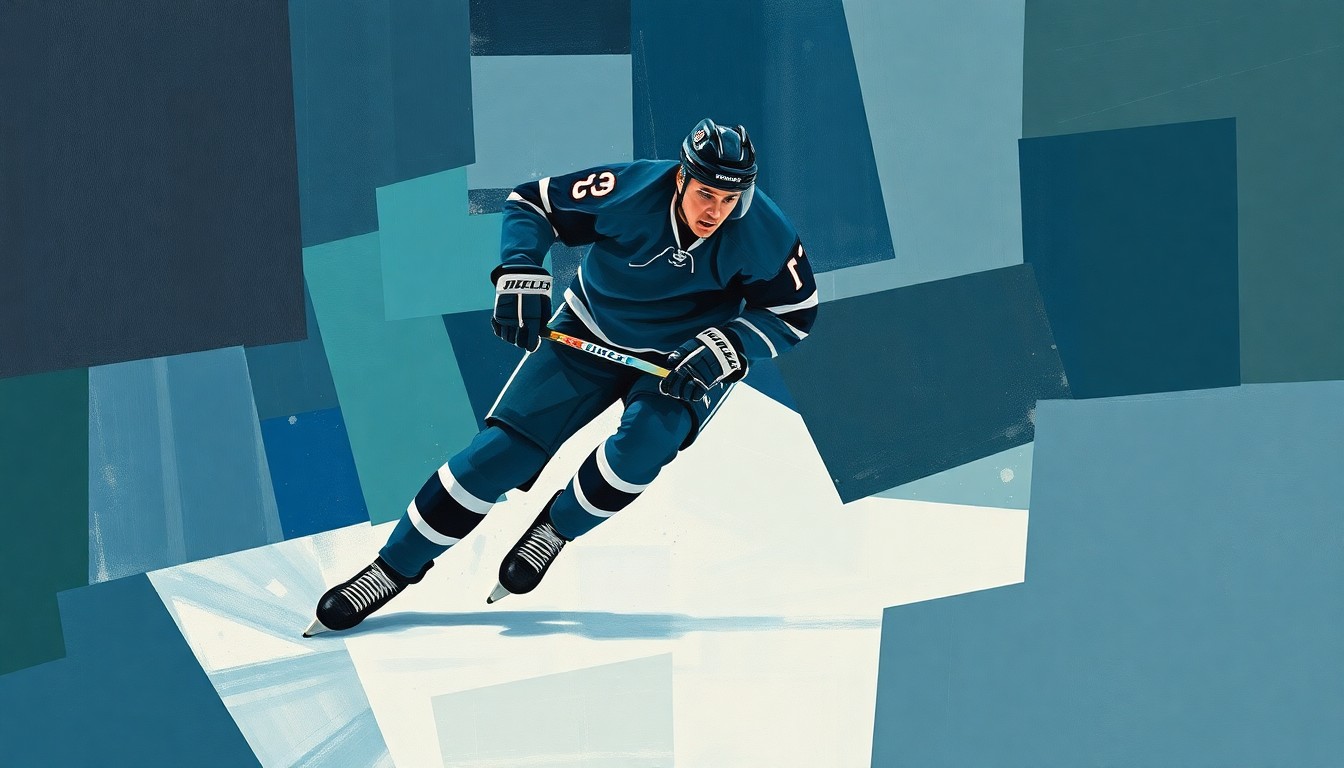 A fractured, cubist-style painting depicting a hockey player in mid-action, with sharp, overlapping geometric shapes in a palette of deep blues, greens, and grays, conceptually representing the complex issues surrounding a top prospect's legal troubles and the pressures of modern college sports.