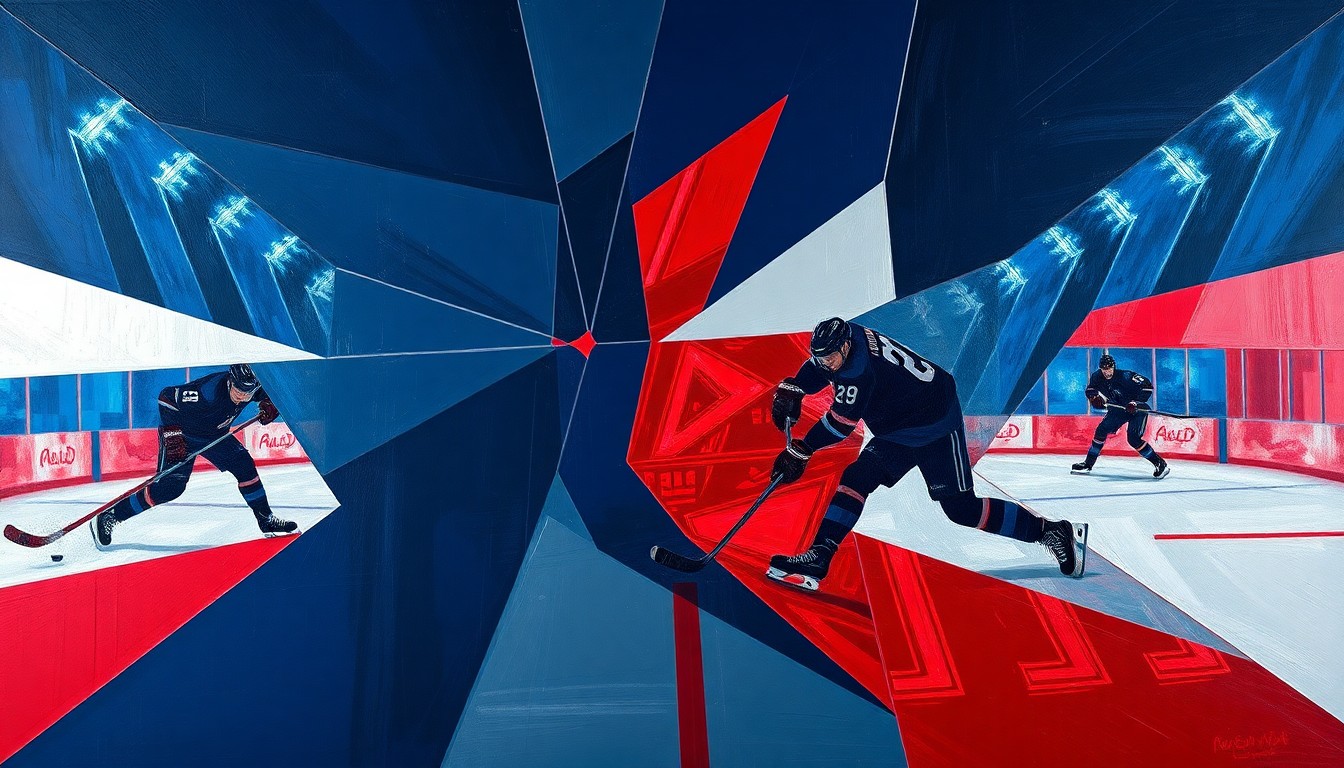 A fragmented, geometric painting depicting a hockey game, with sharp planes of navy, crimson, and silver overlapping to create a dynamic, abstract composition that reflects the difficult trade deadline choices facing the Carolina Hurricanes.