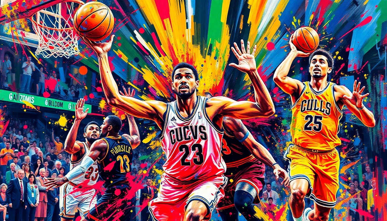 An abstract, expressionist painting in vibrant neon colors depicting the dynamic movement and energy of an NBA basketball game, with players' forms dissolving into bold, gestural brushstrokes.
