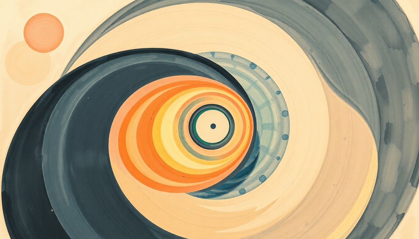 An abstract, geometric painting in soft colors depicting the complex interplay of quantum forces and the structural order underlying the behavior of matter at the atomic scale.