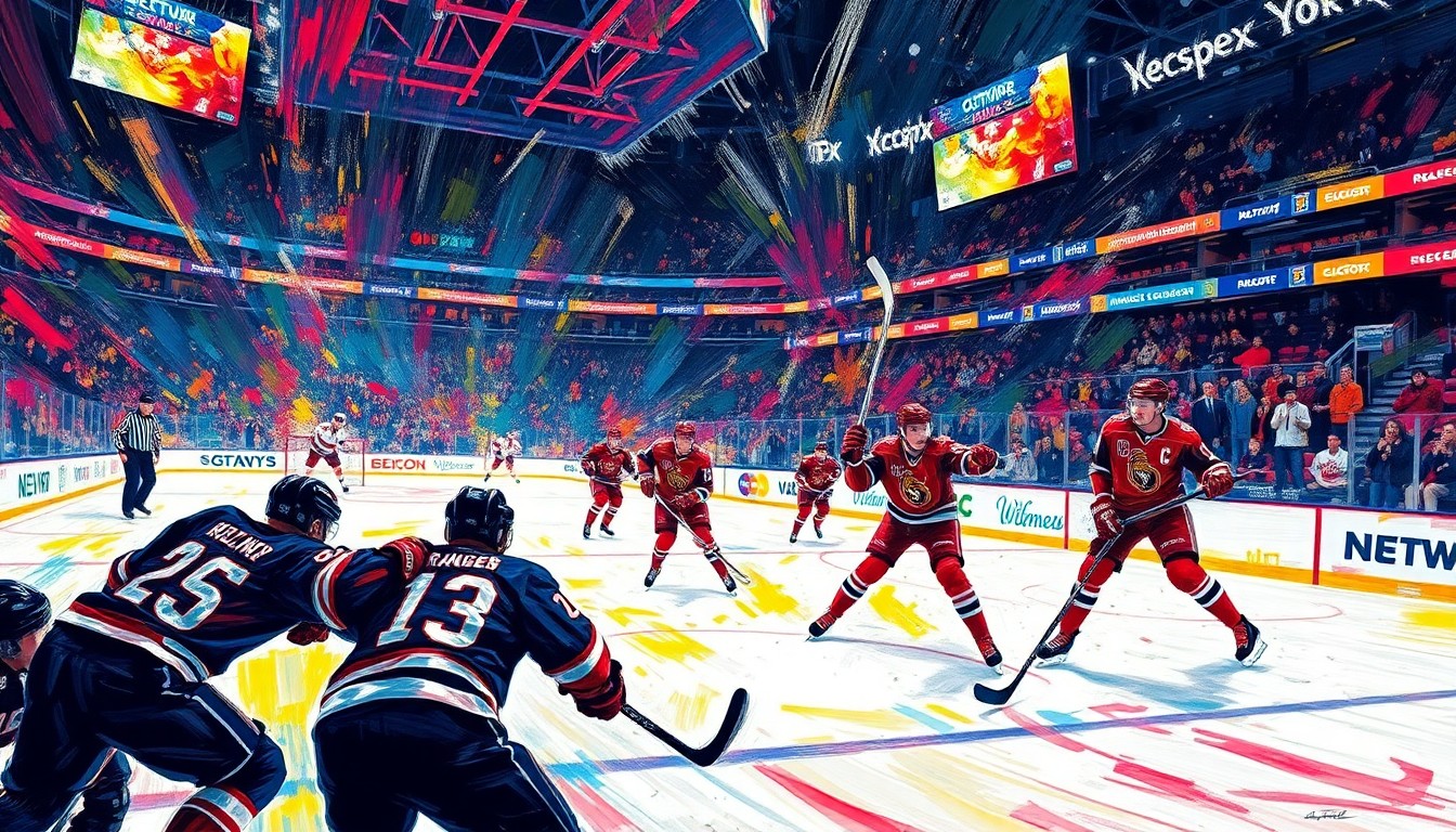 An energetic, abstract painting in neon colors depicting the fast-paced action and scoring plays of a hockey game, capturing the raw emotion and intensity of the matchup between the Ottawa Senators and New York Rangers.