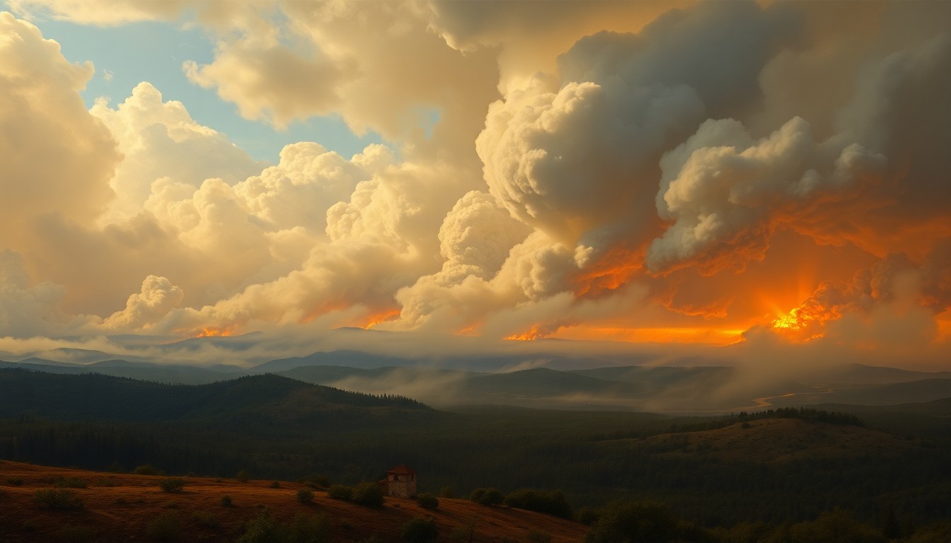 A sweeping, atmospheric landscape painting in muted tones, with billowing smoke obscuring the details of the surrounding environment and conveying the overwhelming scale and force of a brush fire in the distance.