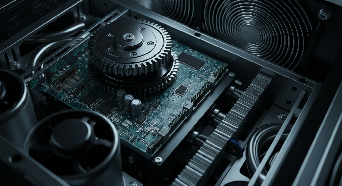 An extreme close-up of the complex machinery and components inside a high-performance cryptocurrency mining rig, conveying the industrial scale and computational power required for modern blockchain networks.