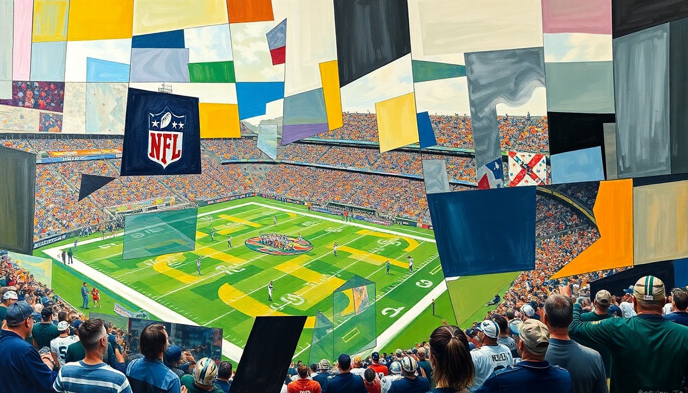 A cubist, geometric painting depicting fragmented and overlapping shapes representing a football game or NFL Draft scene, conveying the complex strategic decision facing the 49ers.