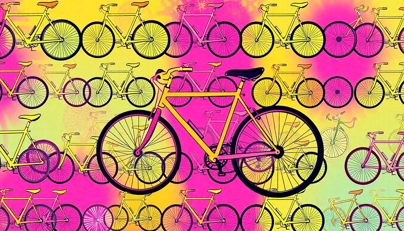 A vibrant, high-contrast silkscreen print of a bicycle icon repeated in a grid pattern, capturing the energy and excitement of outdoor recreation in the local area.