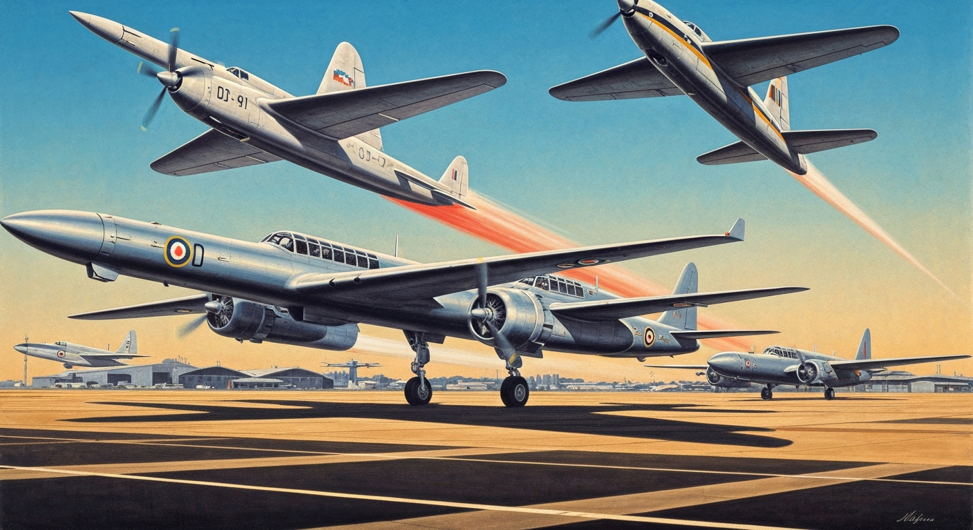 A dynamic, geometric illustration in shades of blue and silver depicting the grand scale and sweeping perspectives of an airshow, with sleek aircraft and towering structures filling the frame in an abstract, conceptual manner.