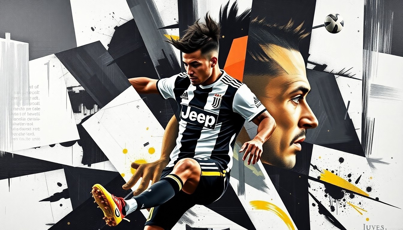 A cubist, geometric painting depicting Weston McKennie's soccer skills and contributions to Juventus, with overlapping planes of vibrant colors representing the team's black, white, and gold uniforms.