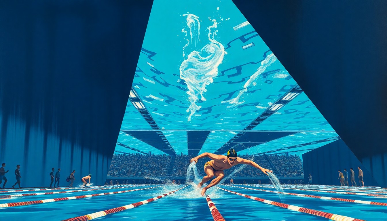 A cubist, geometric painting depicting a fragmented, multi-angled view of a college swimming competition, with sharp planes of deep blue, teal, and navy colors representing the complex challenges facing the sport.