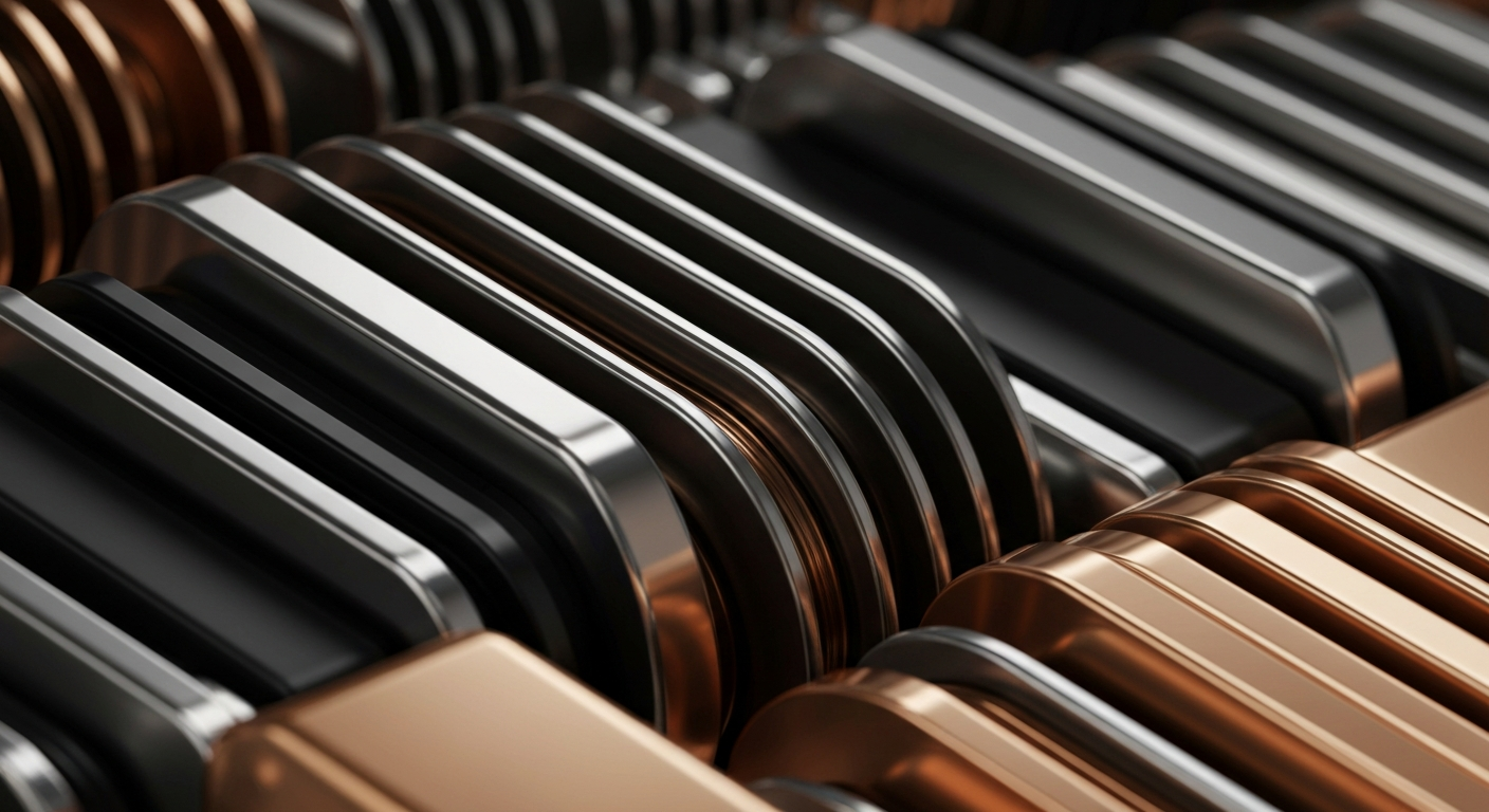 An extreme close-up of intricate, heavy industrial machinery and equipment in shades of steel grey, copper, and black, conceptually representing the institutional power and financial infrastructure of the gold mining industry.