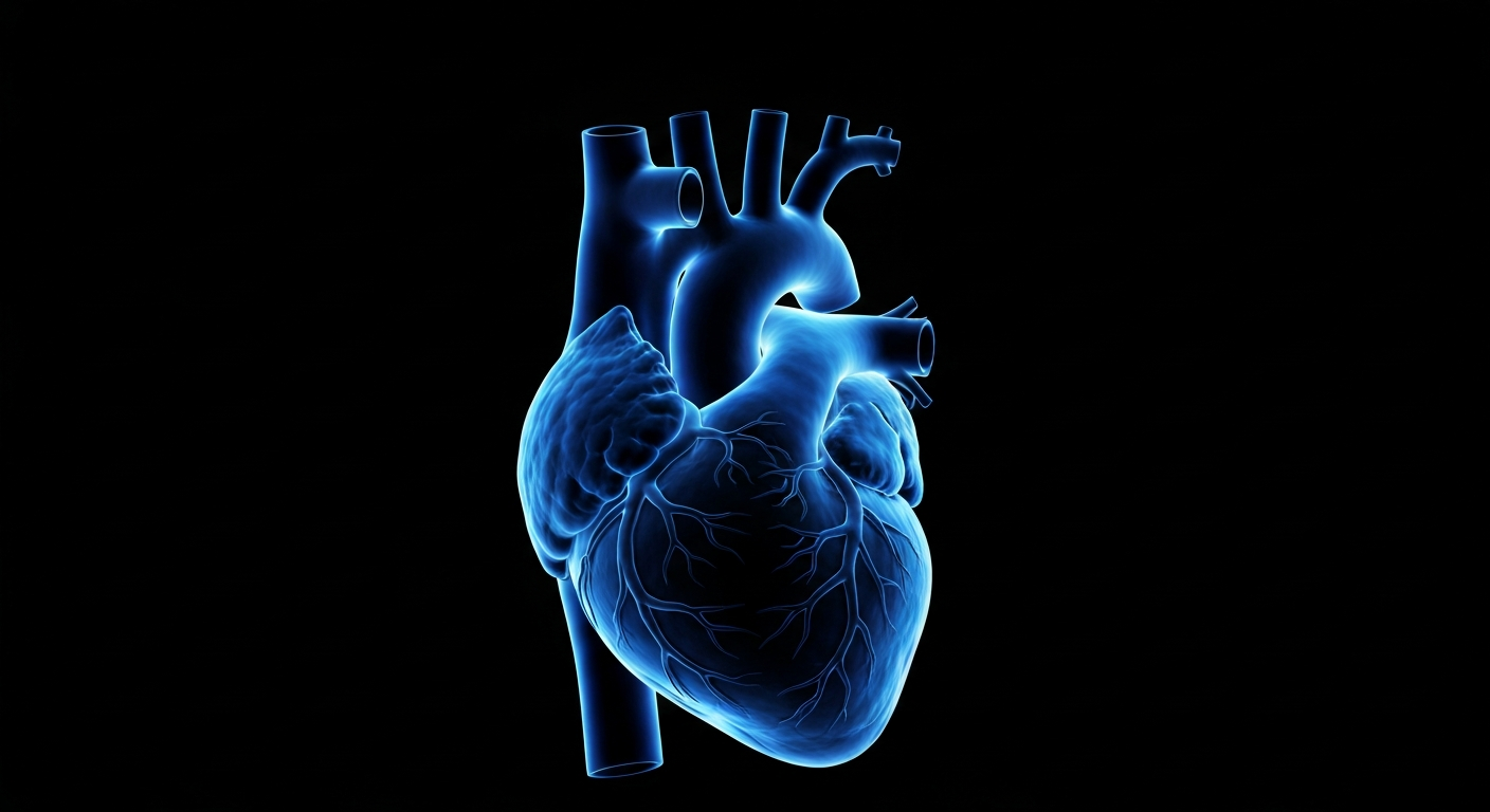 A vibrant, neon-outlined illustration of a human heart glowing against a dark background, conceptually representing the potential benefits and limitations of the CoQ10 supplement.