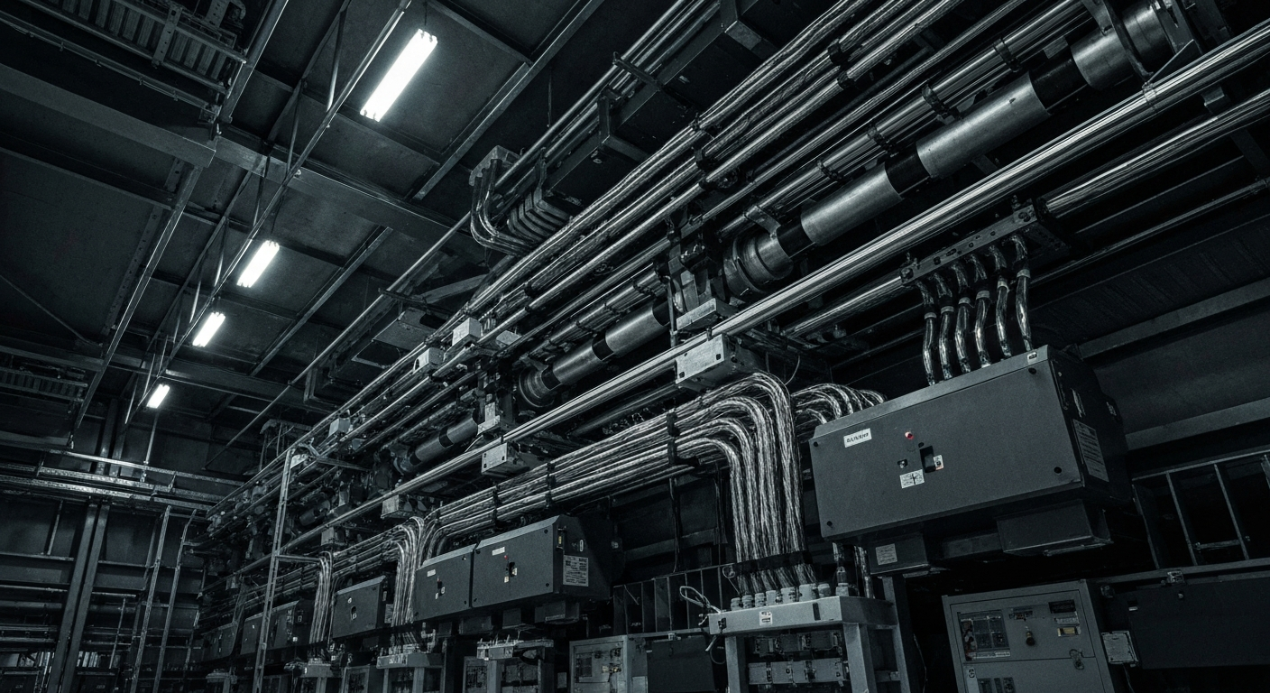 A cinematic close-up of the internal mechanics and infrastructure of a modern cable television and internet service provider, captured in a high-contrast, industrial style with sweeping lines and heavy textures, conceptually representing the technological complexity and scale of Comcast's operations.