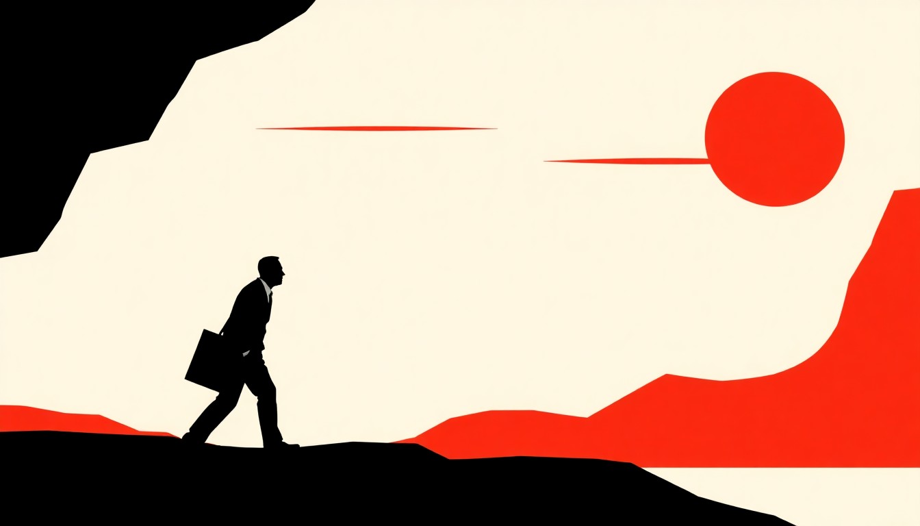 A minimalist, abstract illustration featuring stark black silhouettes and geometric shapes in high-contrast red and white, conceptually representing the introspective journey of a middle-aged man contemplating retirement.