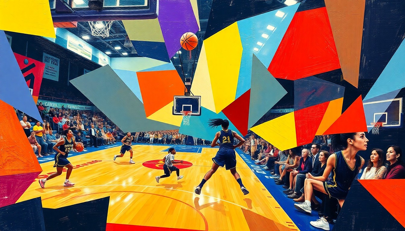 A cubist-style painting depicting a women's college basketball game, with the players and court rendered in sharp, overlapping geometric shapes and vibrant colors, capturing the dynamic energy of the sport.
