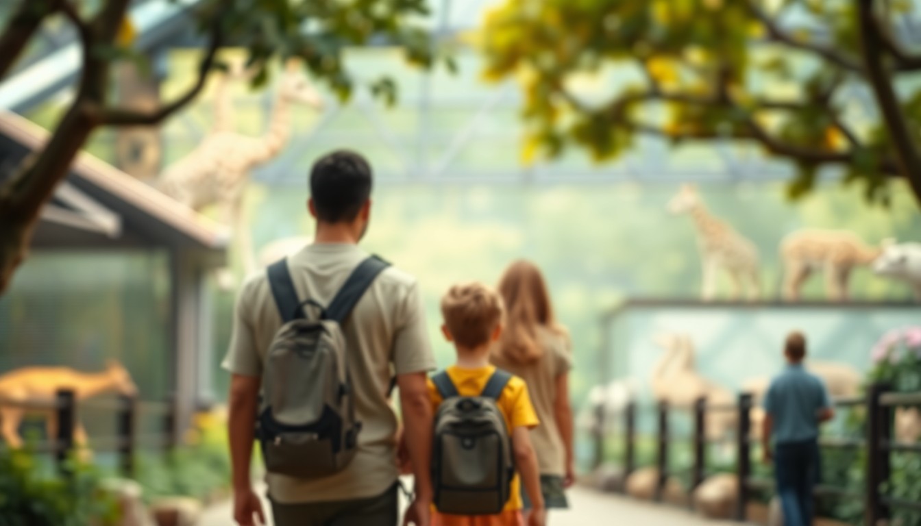 An out-of-focus photograph depicting a family walking through a zoo, with blurred animal enclosures and exhibits in the background, conveying a sense of wonder and immersion in nature.