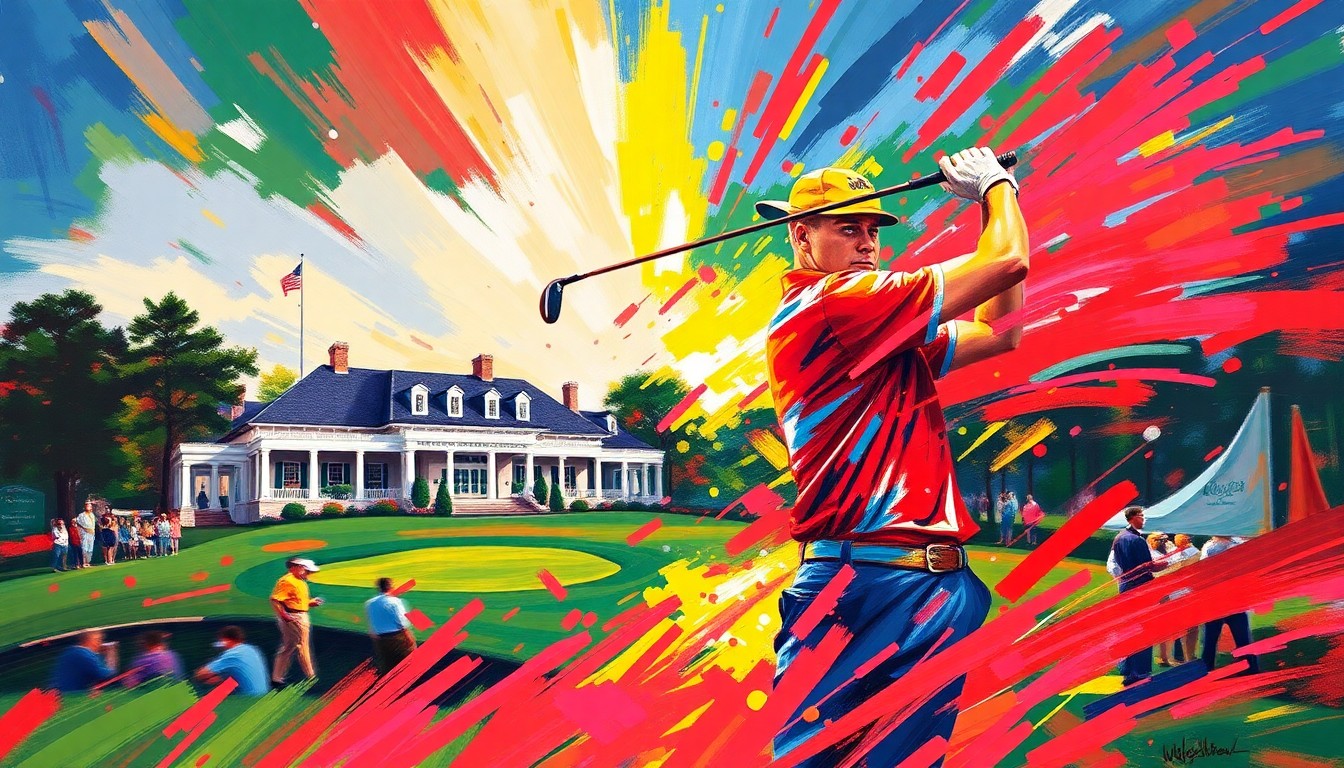 An abstract, expressionist painting in vibrant neon colors depicting a golfer mid-swing, their form blurred into a dynamic motion, with the Augusta National clubhouse visible in the background, capturing the energy and excitement of the Masters Tournament.