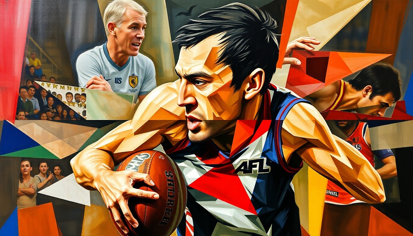 A cubist, geometric painting depicting the fragmented movements and perspectives of a key defender in an Australian rules football match, conveying the multifaceted challenges facing the player and the club.